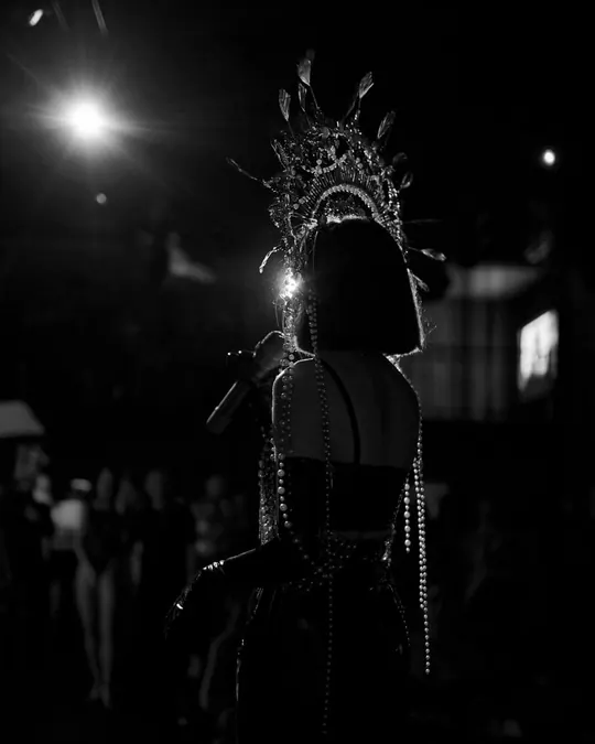 A silhouette in a golden crown against a spotlight.